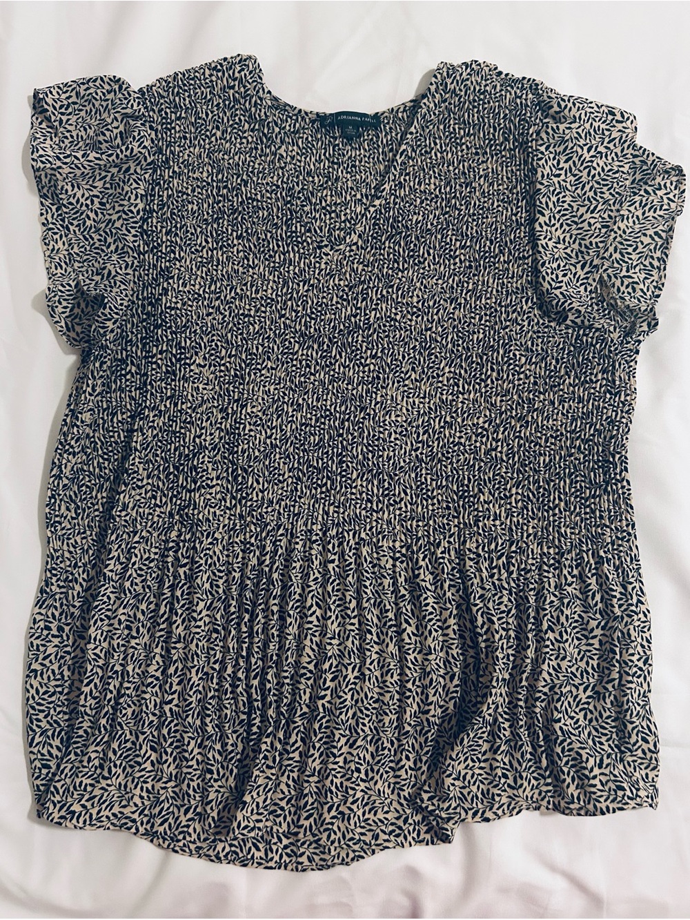 Adrianna Papell Black and Cream Colored V-Neck Blouse - Size M